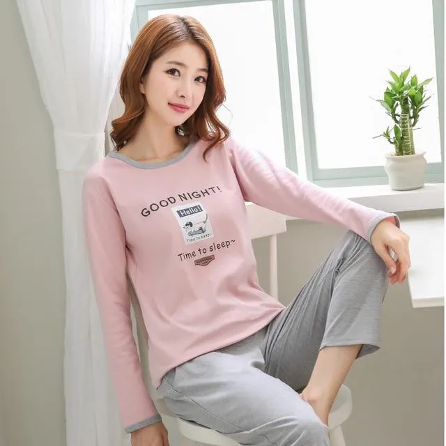 2019 Sleep Lounge Pajama Long Sleeve Top   Long Pant Woman Pajama Set Cartoon Pyjamas Cotton Sleepwear For Women M L XL XXL XXXL