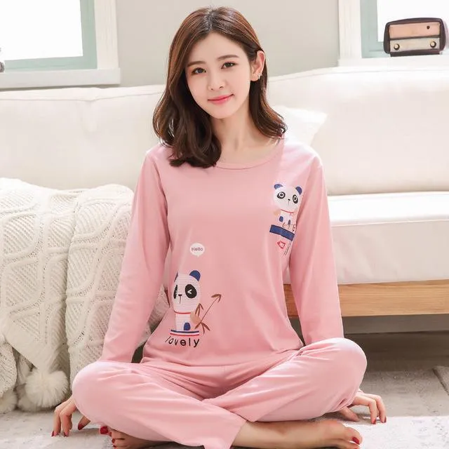 2019 Sleep Lounge Pajama Long Sleeve Top   Long Pant Woman Pajama Set Cartoon Pyjamas Cotton Sleepwear For Women M L XL XXL XXXL