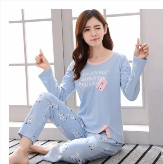 2019 Sleep Lounge Pajama Long Sleeve Top   Long Pant Woman Pajama Set Cartoon Pyjamas Cotton Sleepwear For Women M L XL XXL XXXL