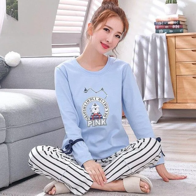 2019 Sleep Lounge Pajama Long Sleeve Top   Long Pant Woman Pajama Set Cartoon Pyjamas Cotton Sleepwear For Women M L XL XXL XXXL