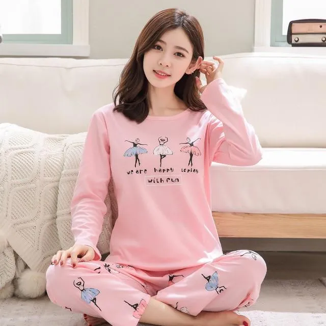 2019 Sleep Lounge Pajama Long Sleeve Top   Long Pant Woman Pajama Set Cartoon Pyjamas Cotton Sleepwear For Women M L XL XXL XXXL