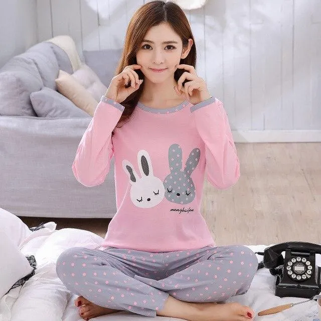 2019 Sleep Lounge Pajama Long Sleeve Top   Long Pant Woman Pajama Set Cartoon Pyjamas Cotton Sleepwear For Women M L XL XXL XXXL