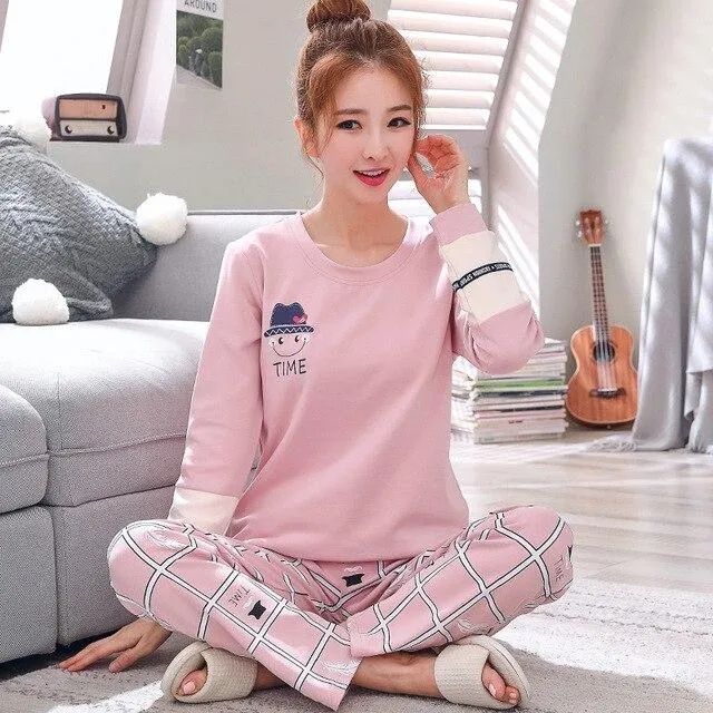 2019 Sleep Lounge Pajama Long Sleeve Top   Long Pant Woman Pajama Set Cartoon Pyjamas Cotton Sleepwear For Women M L XL XXL XXXL