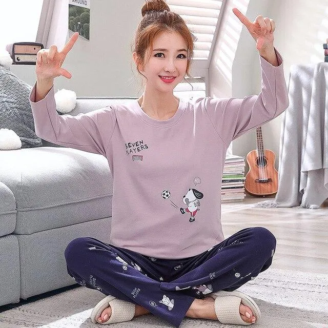 2019 Sleep Lounge Pajama Long Sleeve Top   Long Pant Woman Pajama Set Cartoon Pyjamas Cotton Sleepwear For Women M L XL XXL XXXL