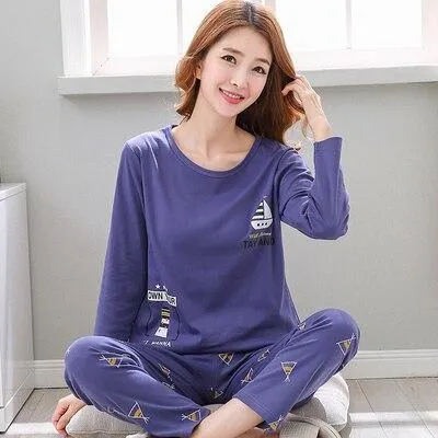 2019 Sleep Lounge Pajama Long Sleeve Top   Long Pant Woman Pajama Set Cartoon Pyjamas Cotton Sleepwear For Women M L XL XXL XXXL