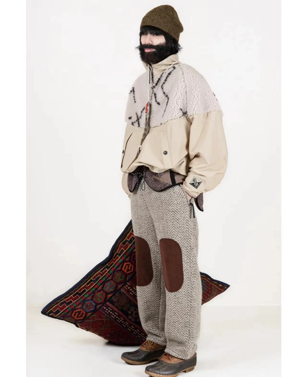 21AW Kazuhiro Hirata Thermal Wool Fleece Suede Patch Loose Elastic Casual Pants