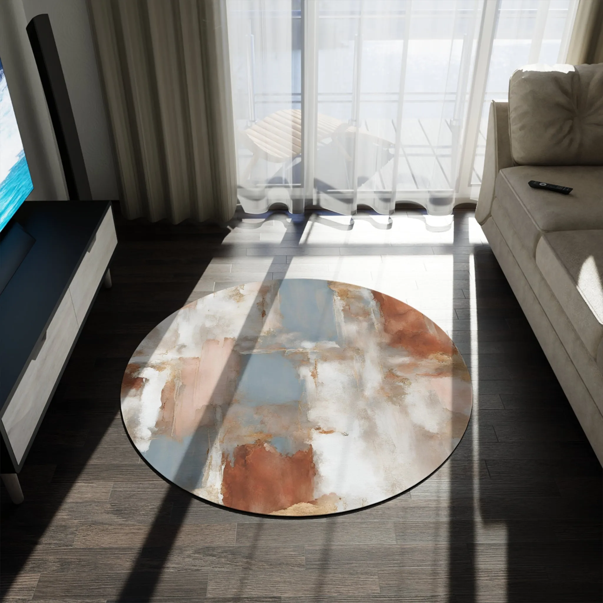 Abstract Boho Round Area Rug | White Taupe Beige, Rust, Blue