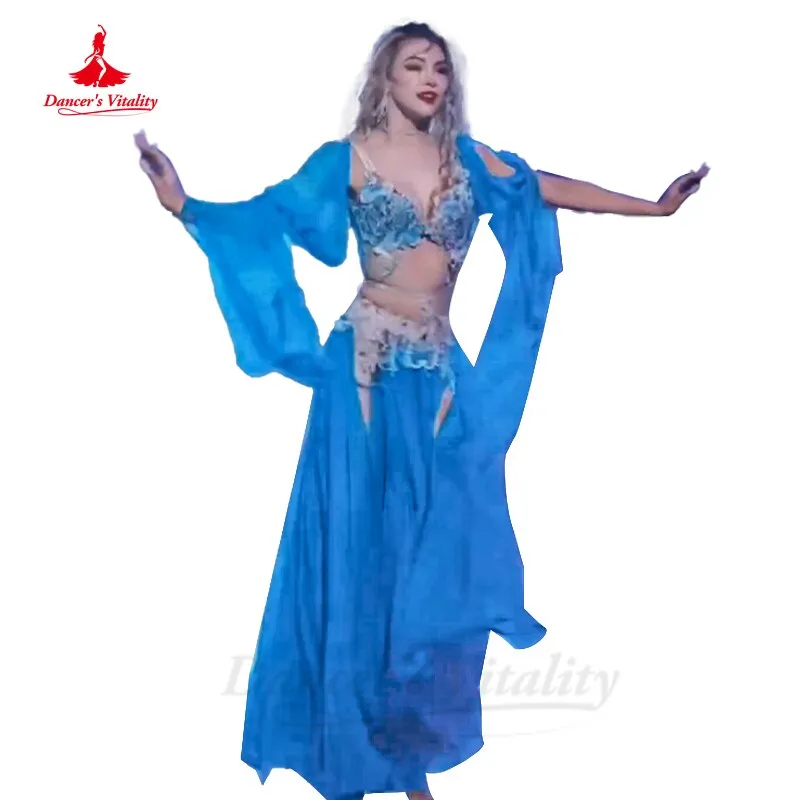 Belly Dance Competition Costume Suit for Women AB Stones Bra chiffon Skirt sleeves 3pcs Customsized Children Female Poprong Suit