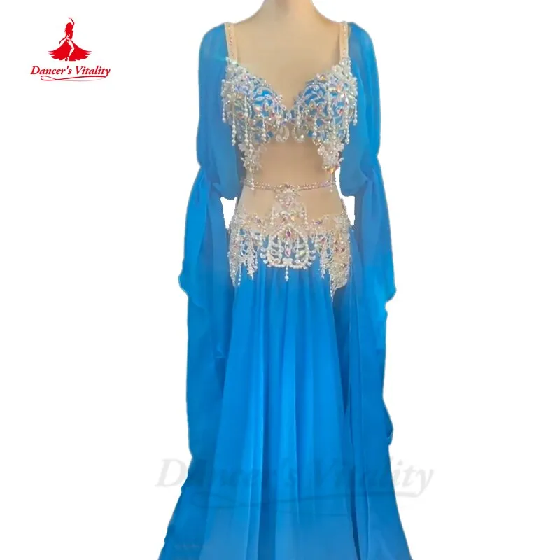 Belly Dance Competition Costume Suit for Women AB Stones Bra chiffon Skirt sleeves 3pcs Customsized Children Female Poprong Suit