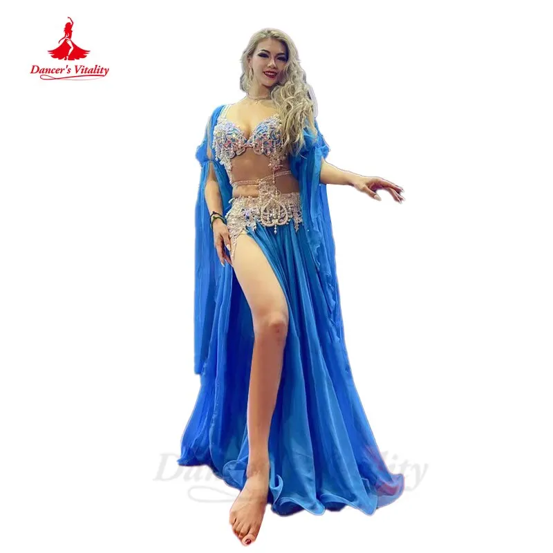 Belly Dance Competition Costume Suit for Women AB Stones Bra chiffon Skirt sleeves 3pcs Customsized Children Female Poprong Suit