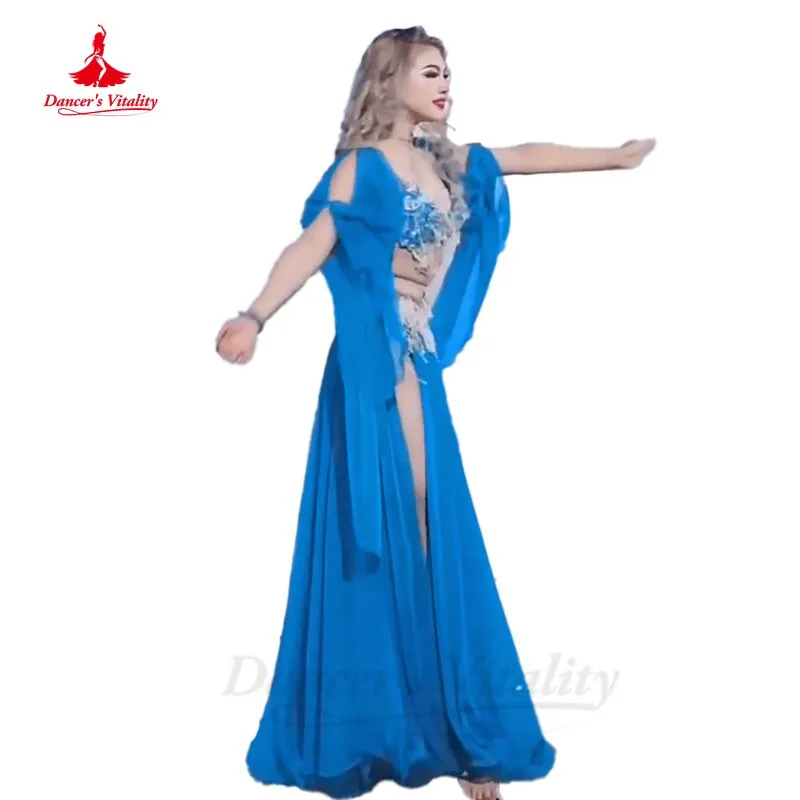 Belly Dance Competition Costume Suit for Women AB Stones Bra chiffon Skirt sleeves 3pcs Customsized Children Female Poprong Suit