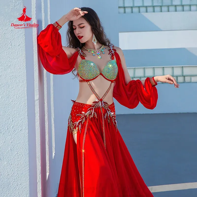 Belly Dance Performance Clothes Women Customsized AB Stones Bra sleeves chiffon Long Skirt Female Popsong Competiton Outfit