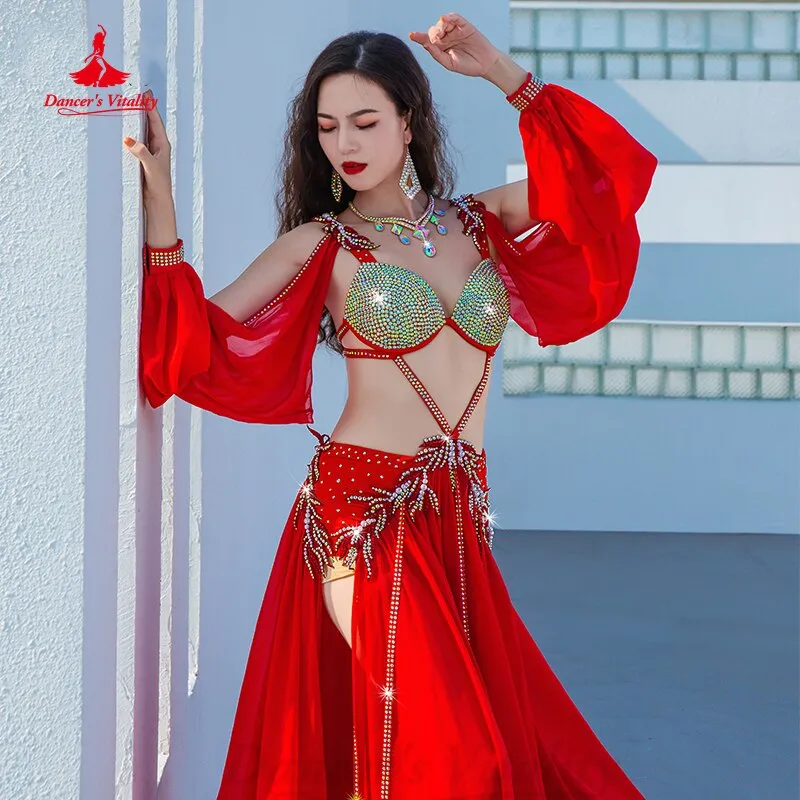 Belly Dance Performance Clothes Women Customsized AB Stones Bra sleeves chiffon Long Skirt Female Popsong Competiton Outfit