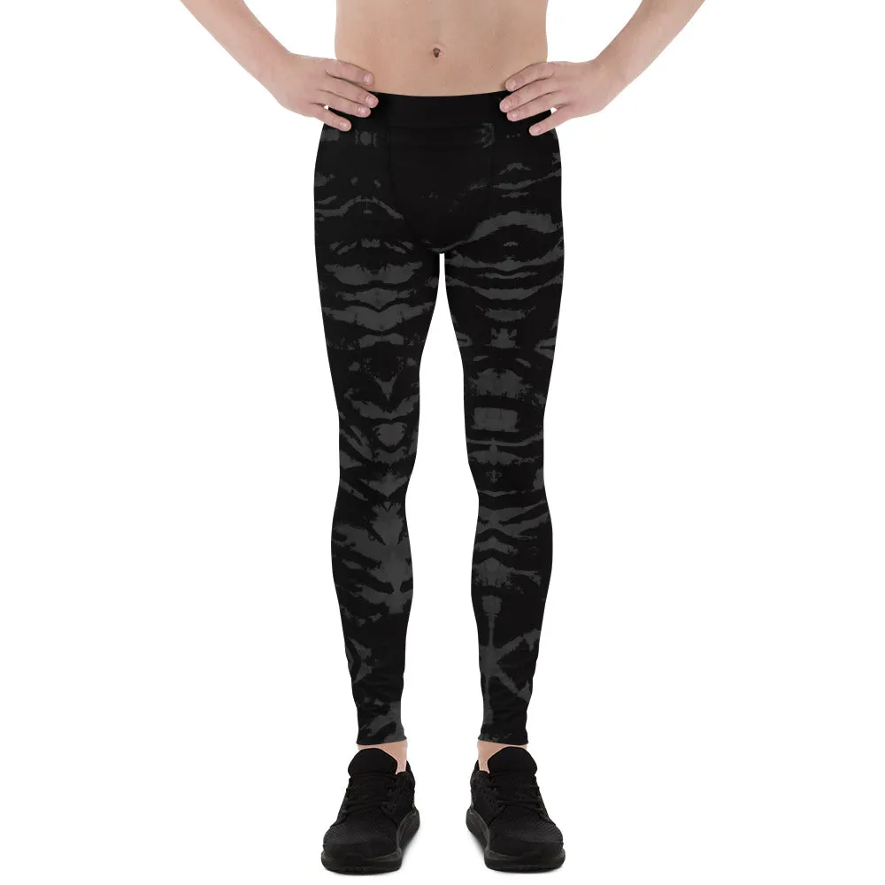 Black Tiger Stripe Men's Leggings, Animal Print Meggings Compression Tights-Made in USA/EU