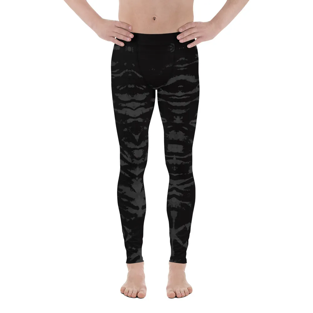 Black Tiger Stripe Men's Leggings, Animal Print Meggings Compression Tights-Made in USA/EU