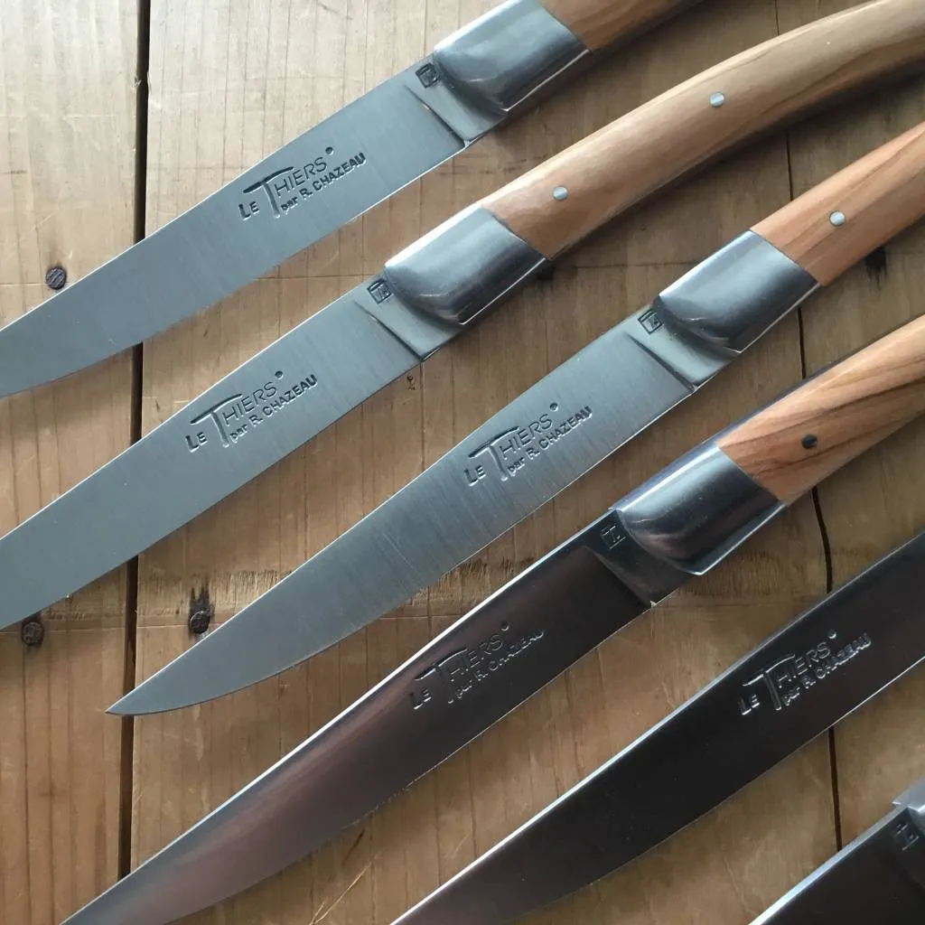 Chazeau Honoré Le Thiers Steak Knife Set Stainless Bolstered Olive Handle - 6 Pieces