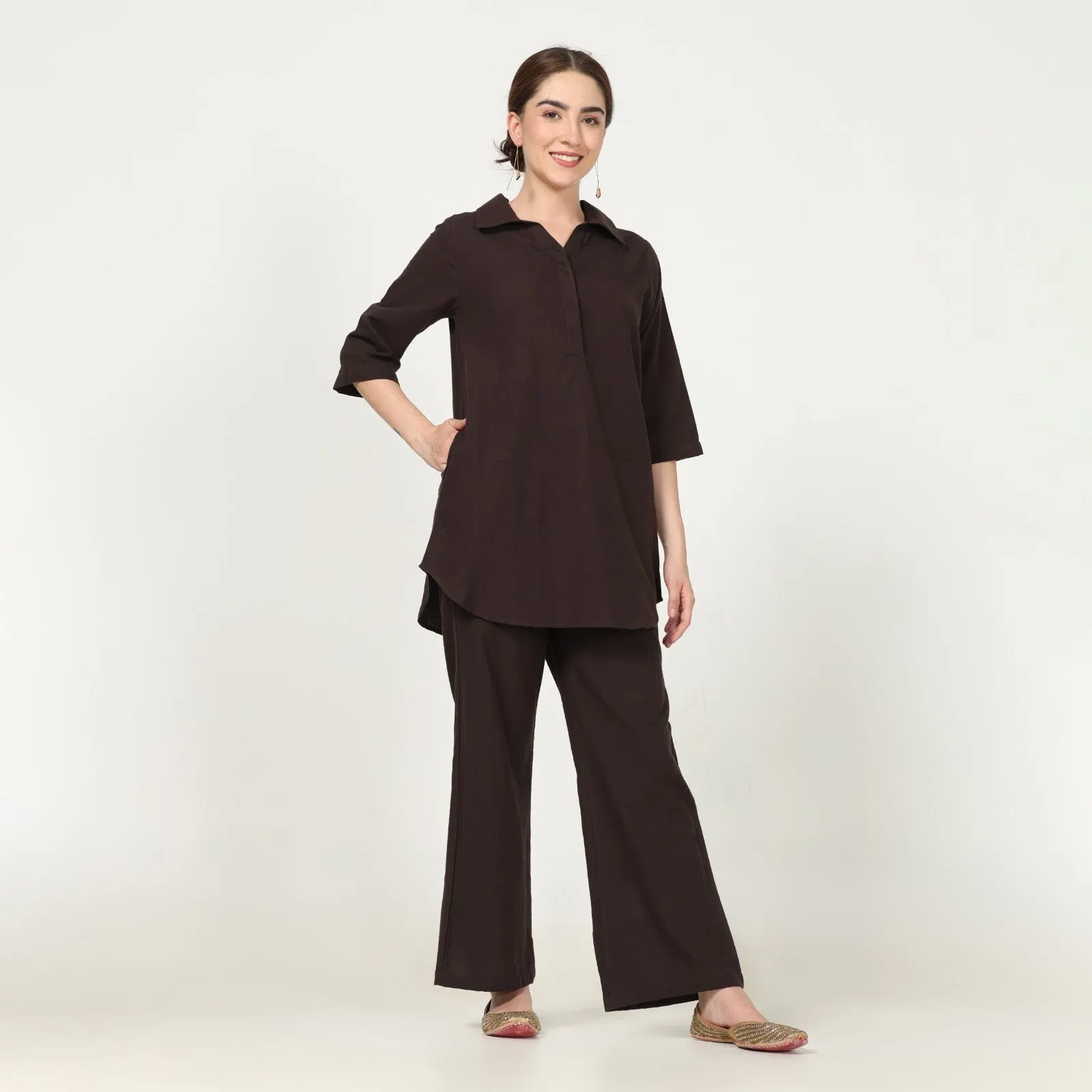 Coffee Brown Collar Tunic & Pant Set | Cotton | Minimalist Style