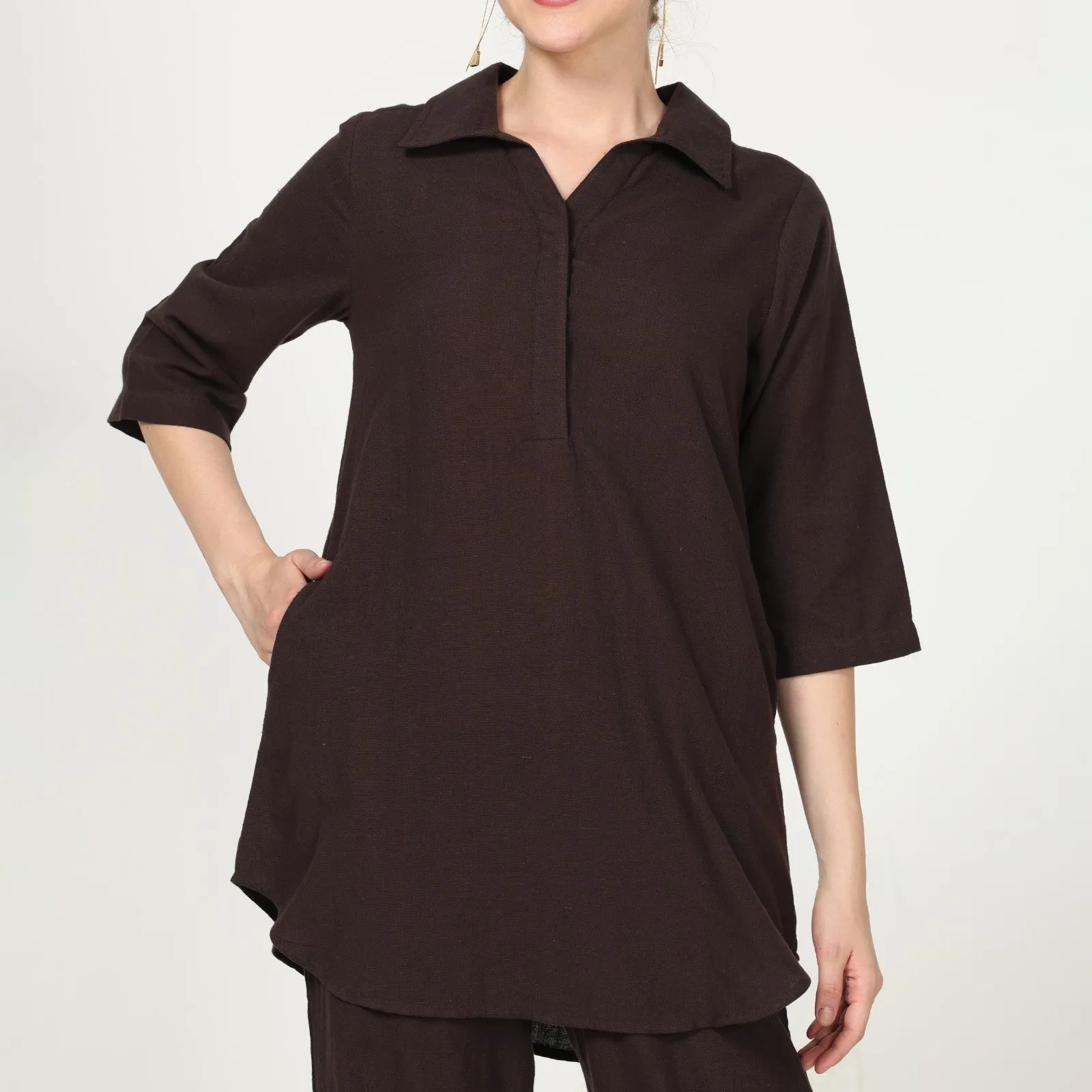 Coffee Brown Collar Tunic & Pant Set | Cotton | Minimalist Style