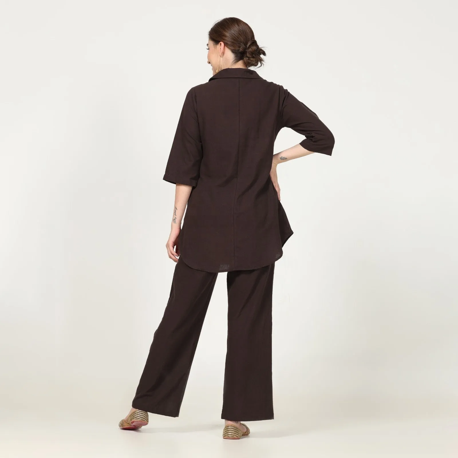 Coffee Brown Collar Tunic & Pant Set | Cotton | Minimalist Style
