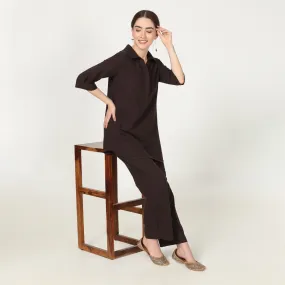 Coffee Brown Collar Tunic & Pant Set | Cotton | Minimalist Style