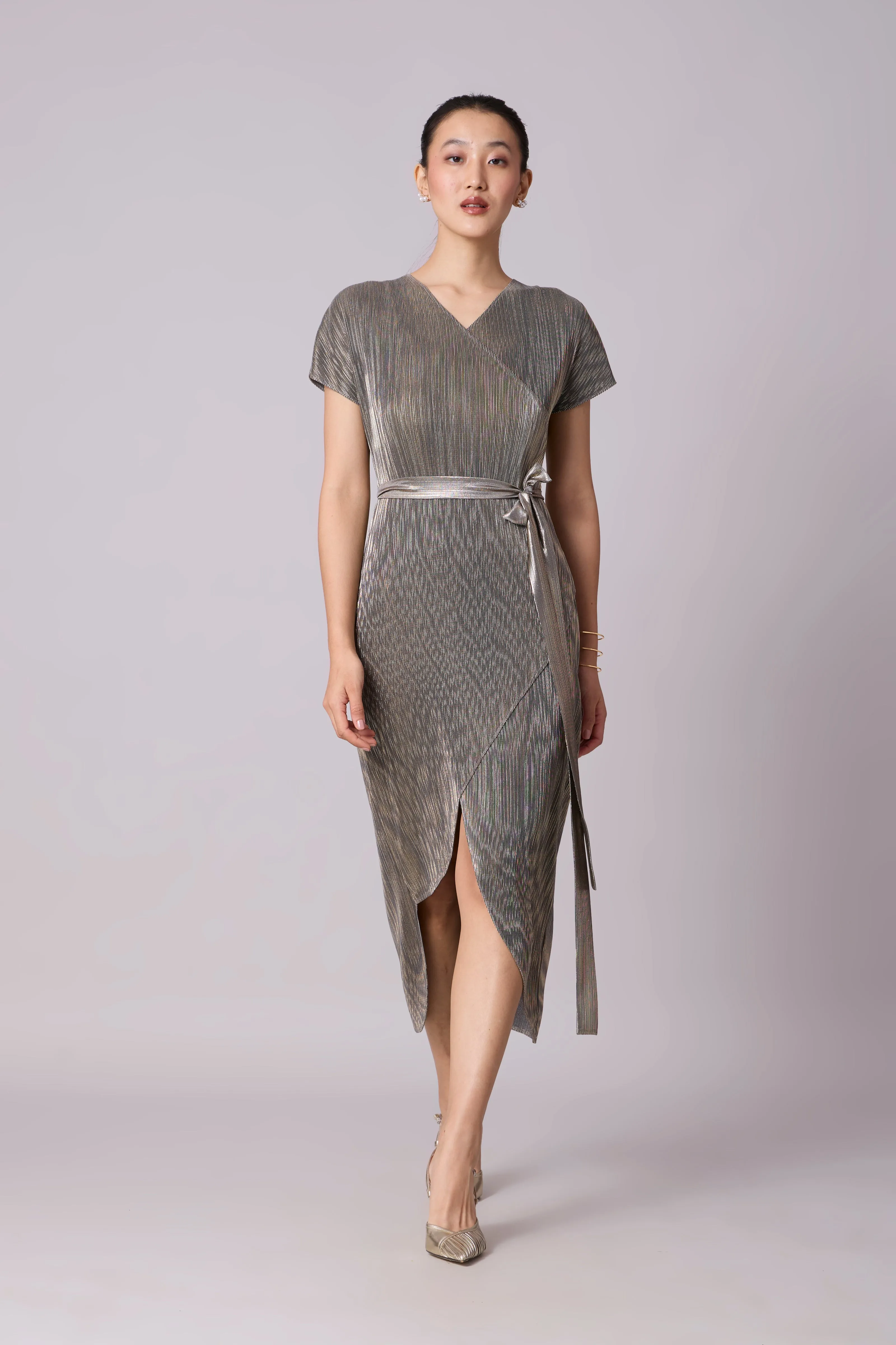 Delphi Overlap Dress - Grey & Gold