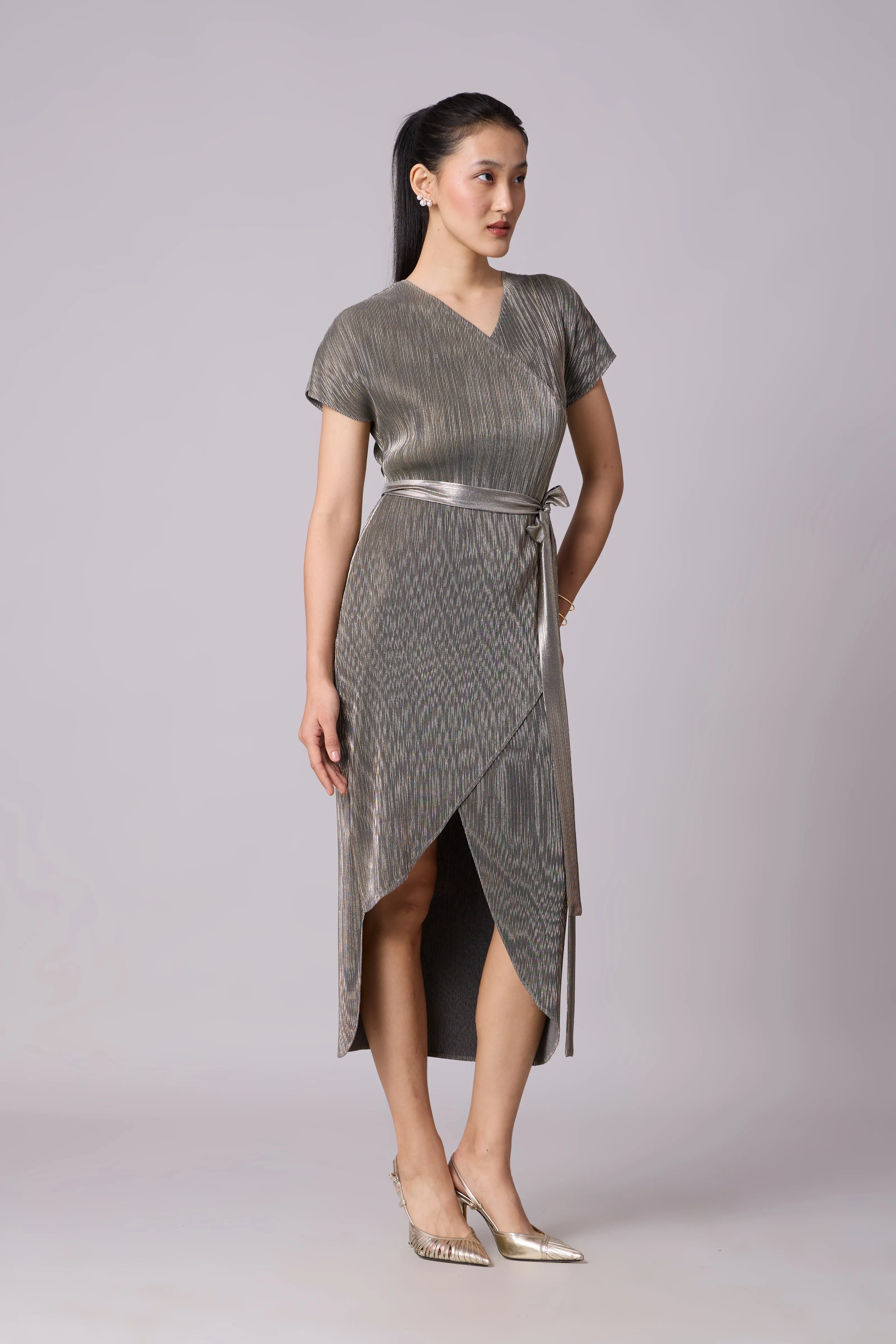 Delphi Overlap Dress - Grey & Gold