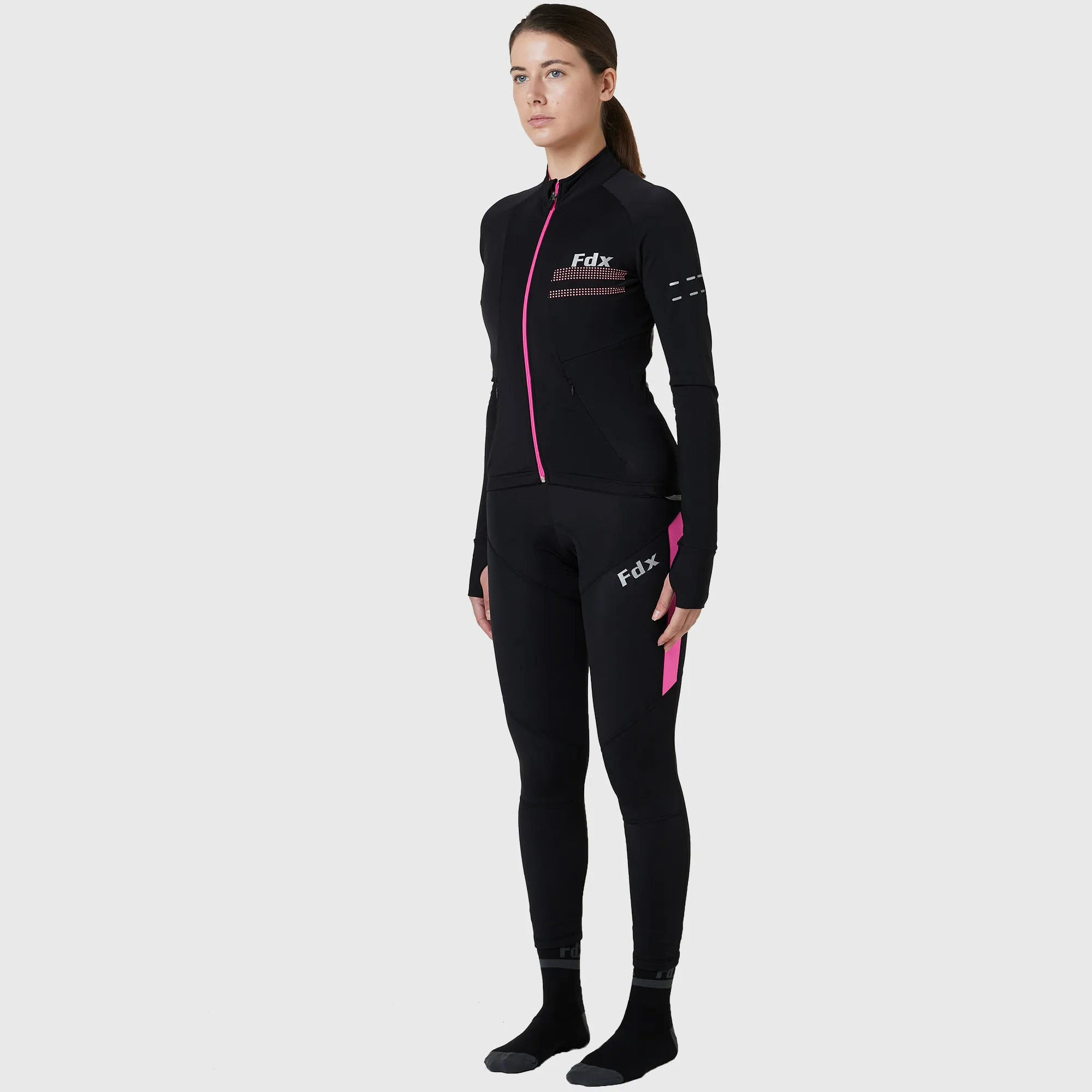 Fdx Women's & Girl's Set Arch Thermal Roubaix Long Sleeve Cycling Jersey & Cargo Bib Tights - Pink
