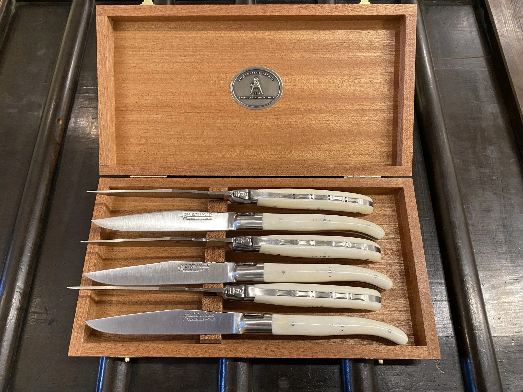 Fontenille Pataud Laguiole Steak Knife Set Cow Bone Handles - 6 Pieces