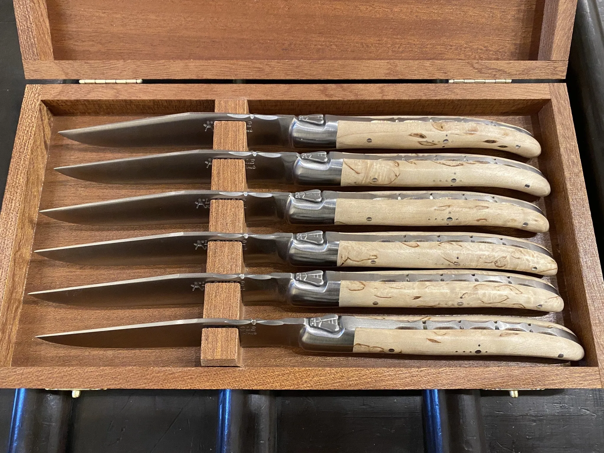 Fontenille Pataud Laguiole Steak Knife Set Stainless Curly Birch Handles - 6 Pieces