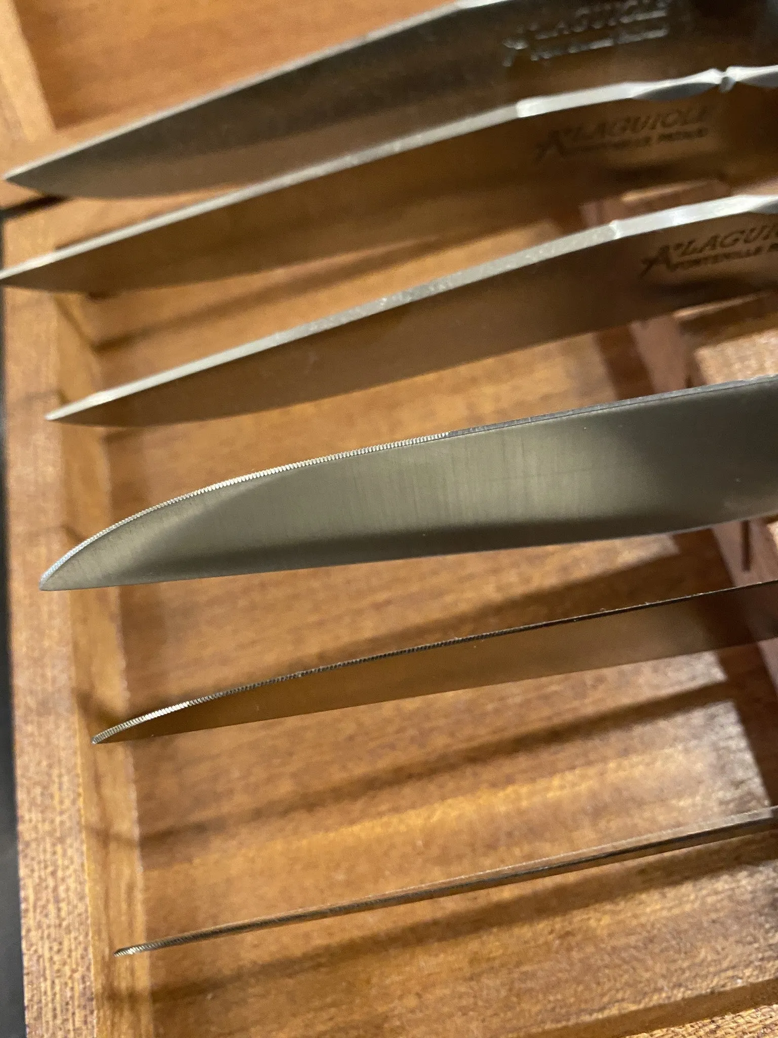Fontenille Pataud Laguiole Steak Knife Set Stainless Curly Birch Handles - 6 Pieces