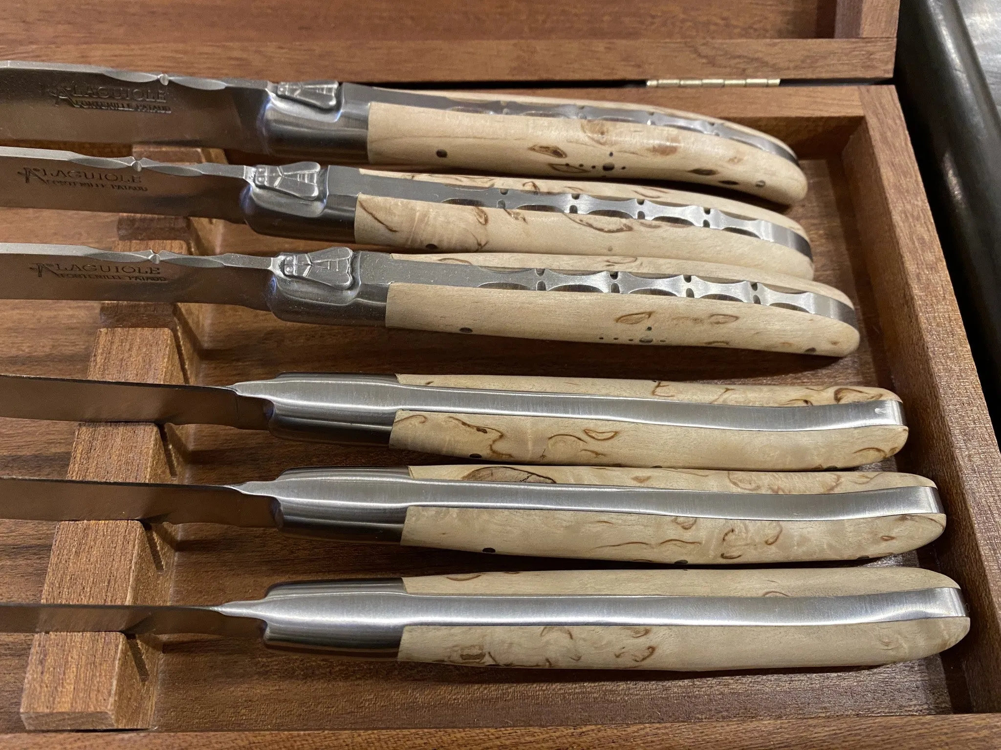 Fontenille Pataud Laguiole Steak Knife Set Stainless Curly Birch Handles - 6 Pieces