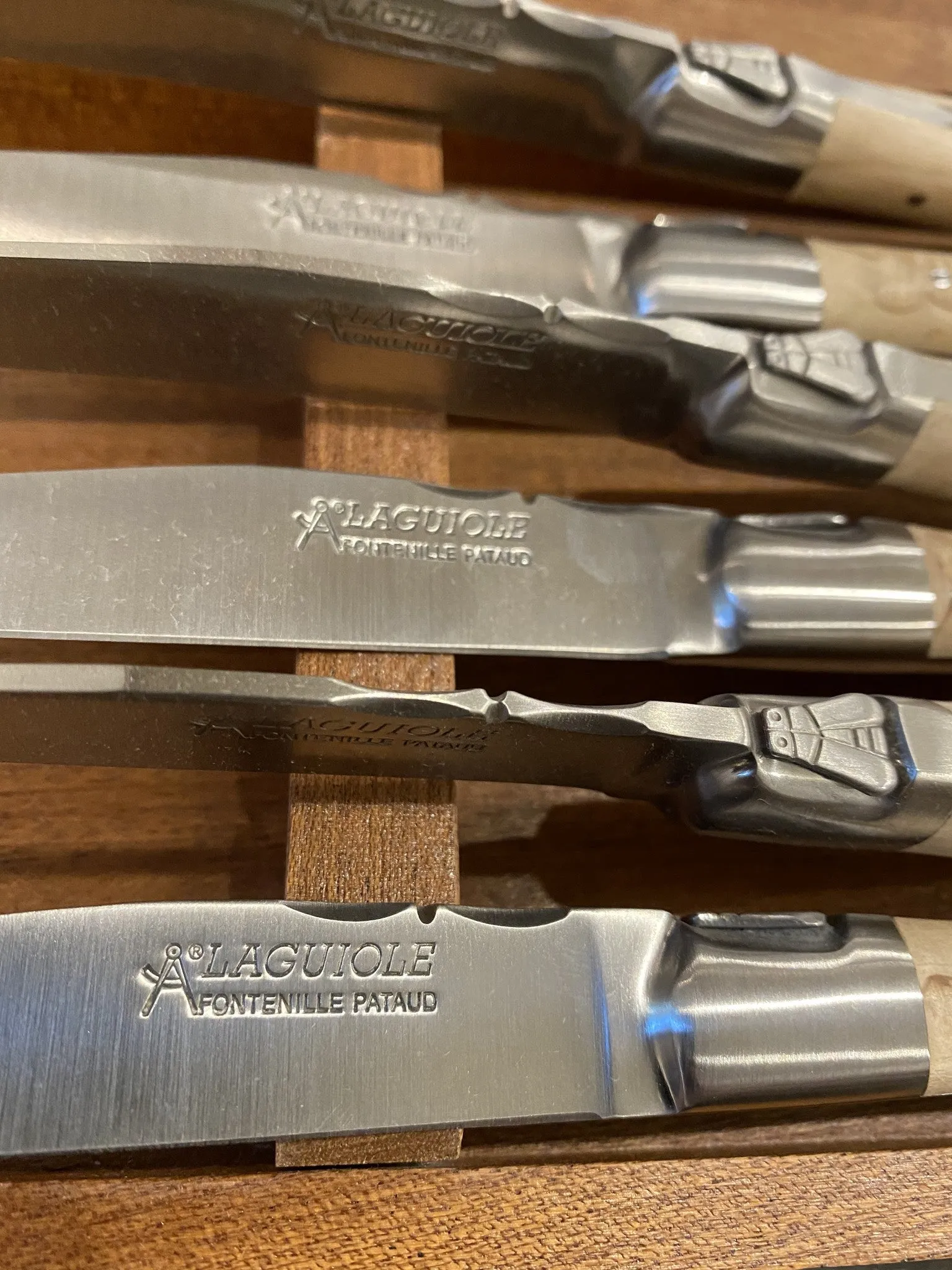 Fontenille Pataud Laguiole Steak Knife Set Stainless Curly Birch Handles - 6 Pieces