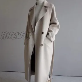 Hnewly Winter Beige Elegant Wool Blend Women Korean Fashion Black Long Coats Vintage Minimalist Woolen Overcoat Camel Oversize Outwear