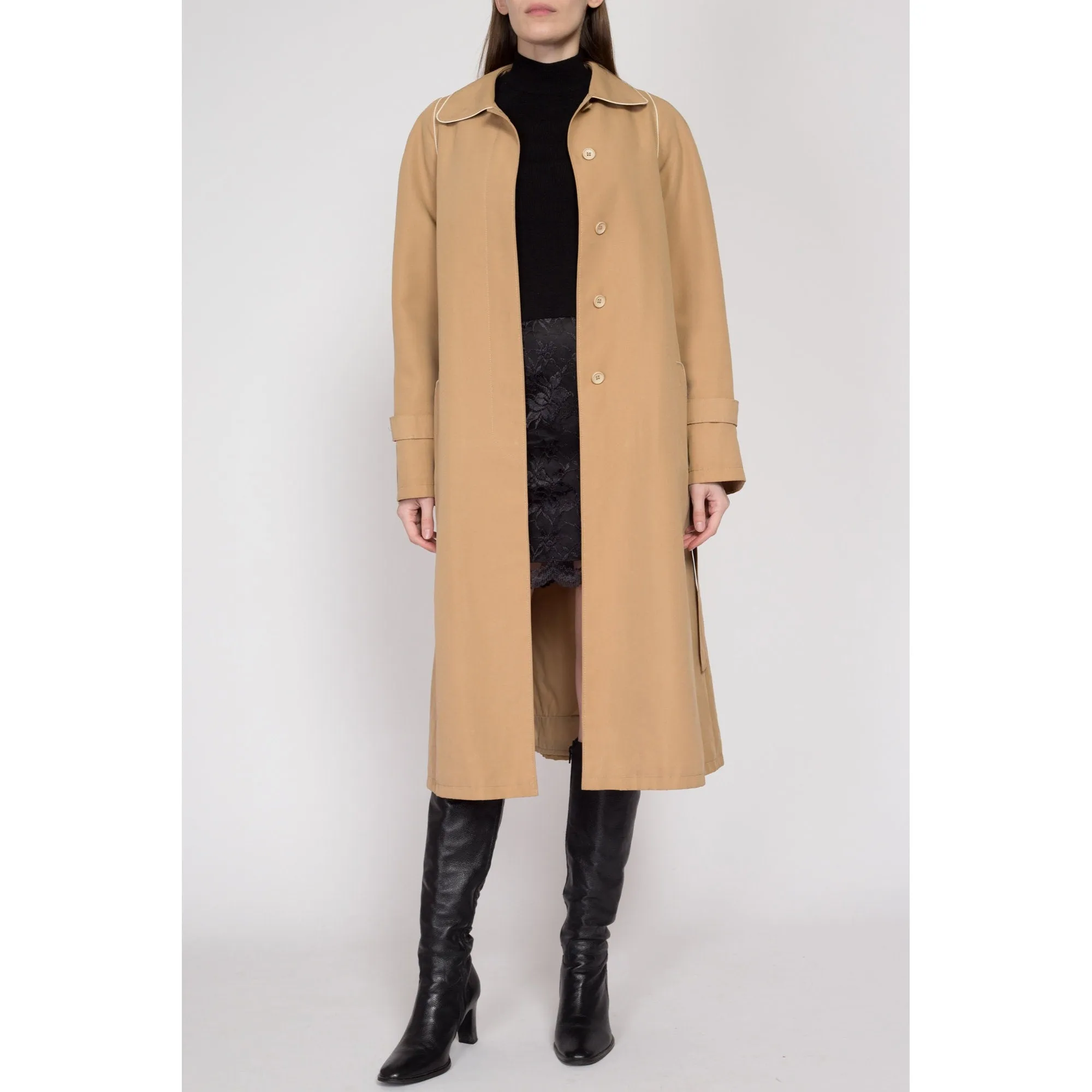 Large 80s Tan Piped Trim Belted Trench Coat