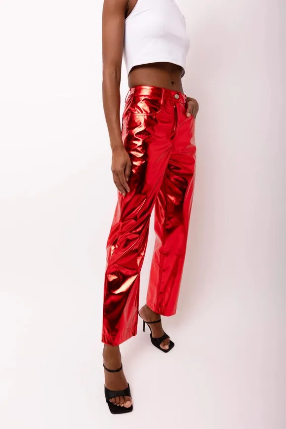 Lupe Straight Faux Leather Metallic Pants Red