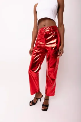 Lupe Straight Faux Leather Metallic Pants Red