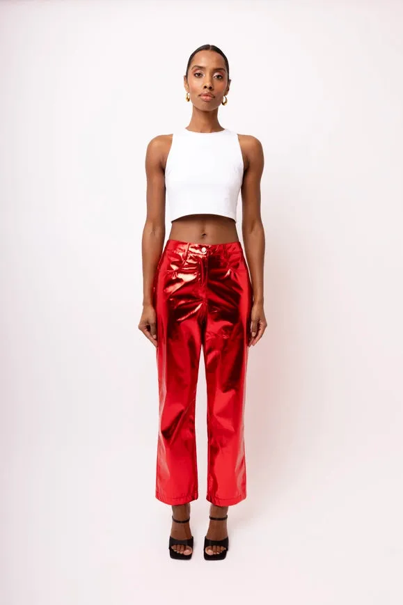 Lupe Straight Faux Leather Metallic Pants Red