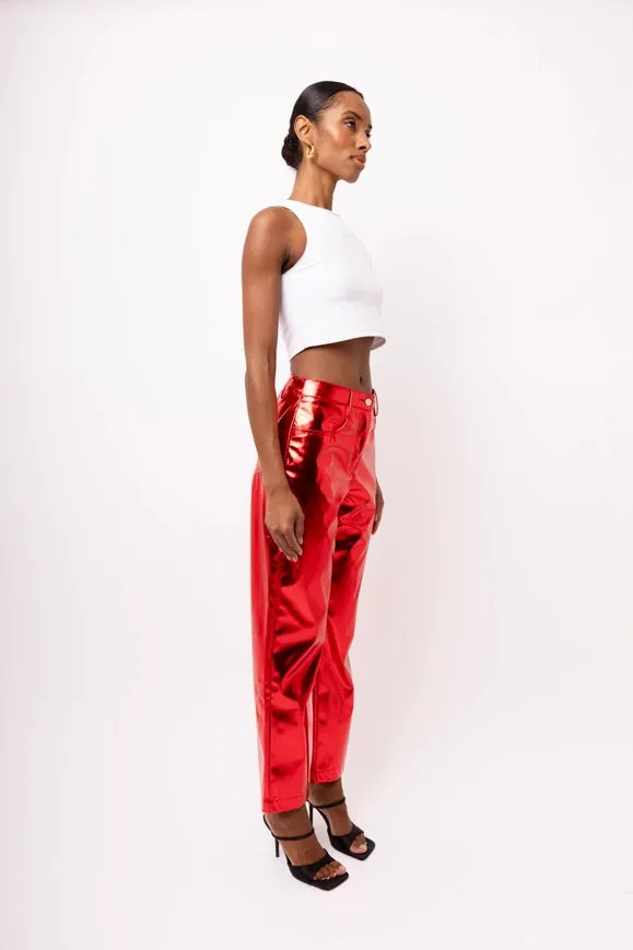 Lupe Straight Faux Leather Metallic Pants Red