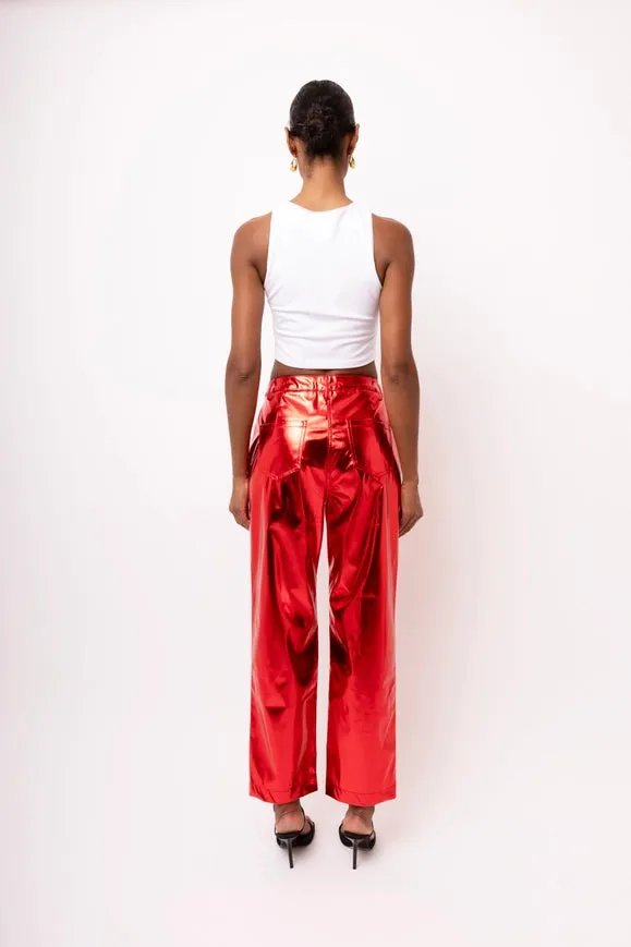Lupe Straight Faux Leather Metallic Pants Red