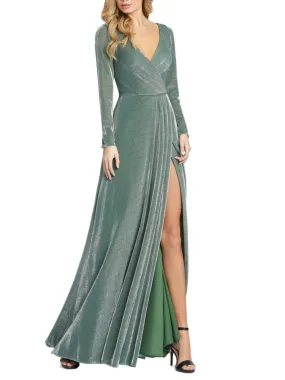 Mac Duggal Metallic Faux Wrap Slit Dress in Jade
