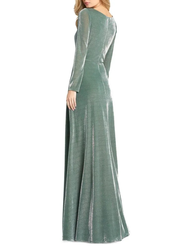 Mac Duggal Metallic Faux Wrap Slit Dress in Jade