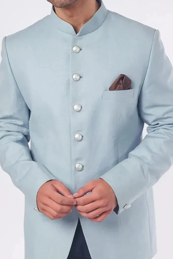 Men's Sky Blue Jodhpuri Blazer and Navy Blue Pant, Traditional Wear for Festivals and Weddings