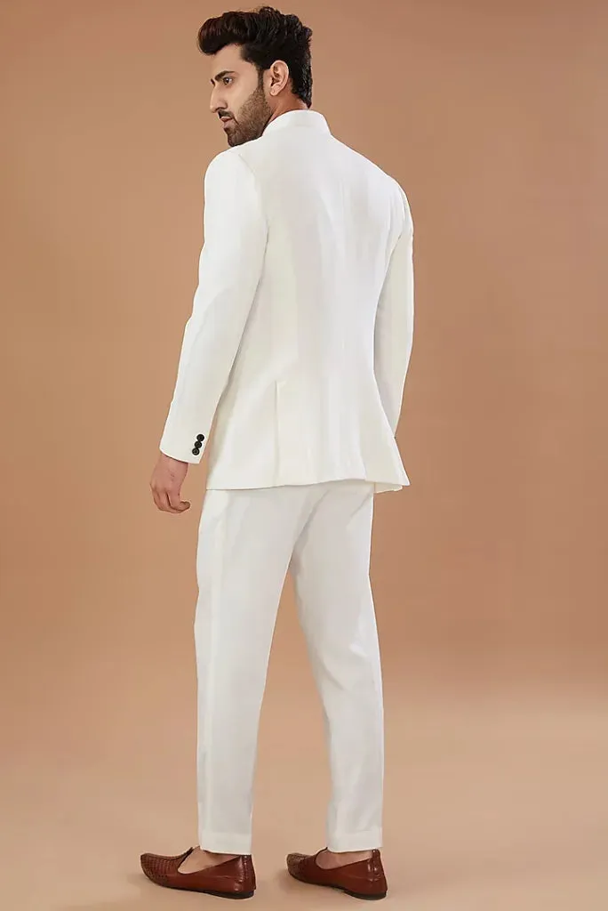 Men's White Bandhgala Embroidered Jodhpuri Suit, Perfect for Wedding and Festival