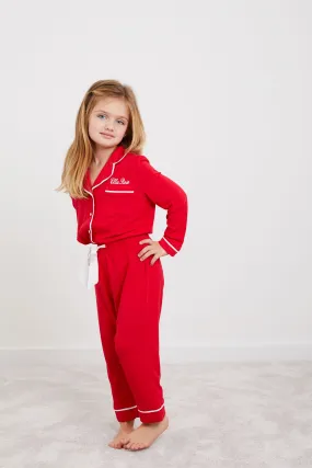 Personalised Christmas Girls Jersey Long Sleeve Pyjama Set - Red