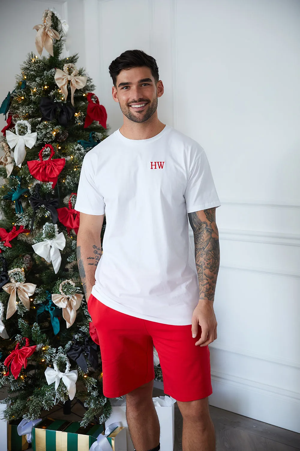 Personalised Christmas Mens Short Pyjama Set - White/Red
