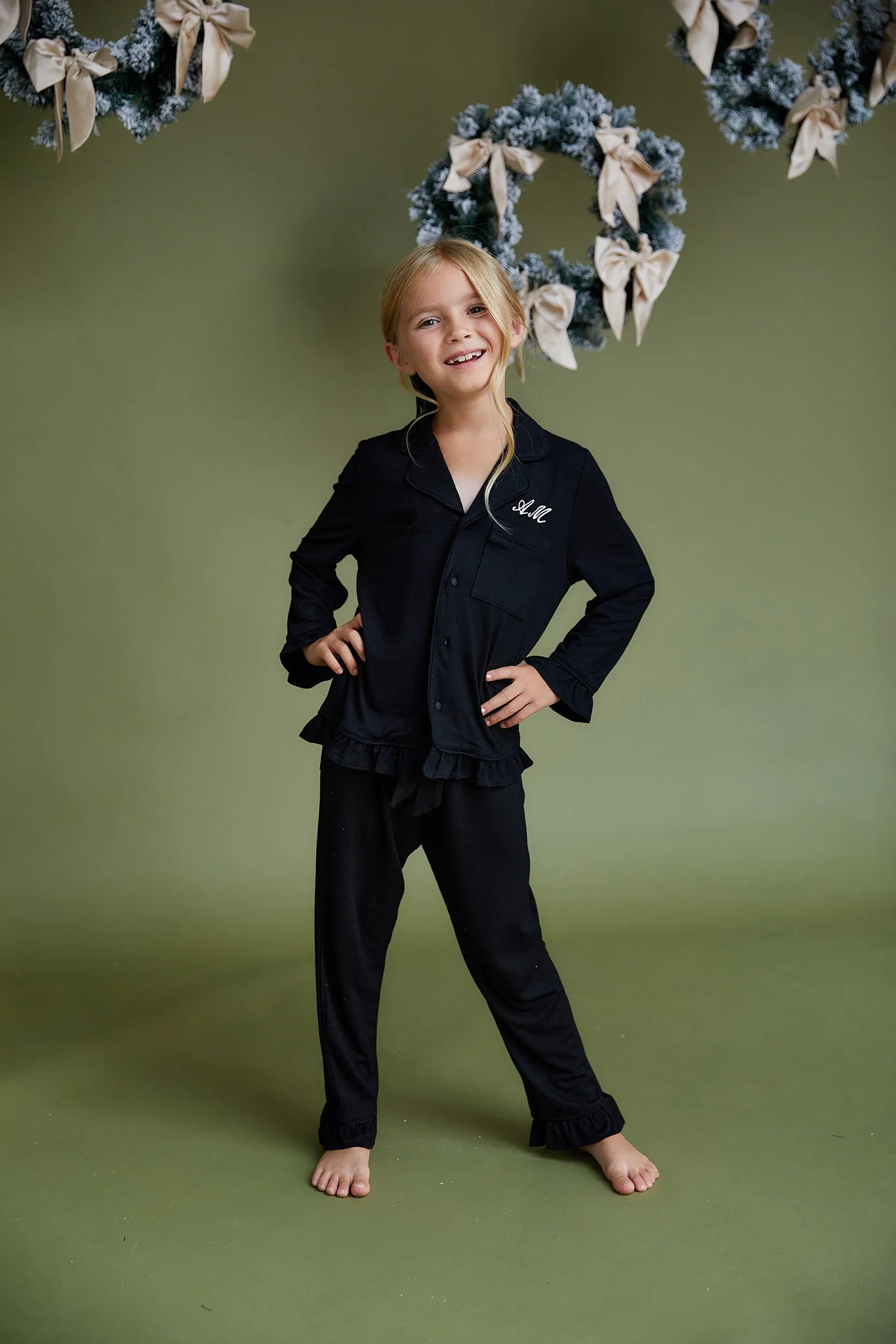 Personalised Girls Jersey Frill Long Sleeve Pyjama Set - Black