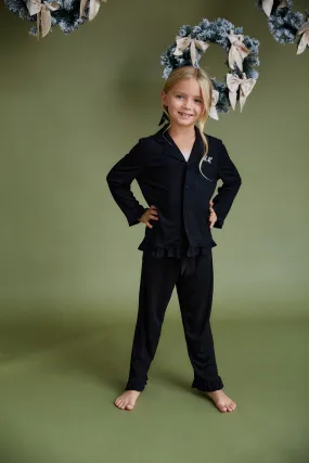 Personalised Girls Jersey Frill Long Sleeve Pyjama Set - Black