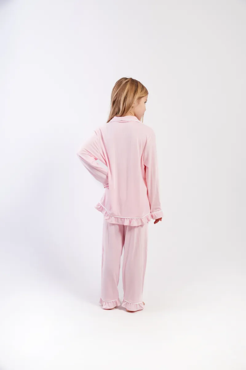Personalised Girls Jersey Frill Long Sleeve Pyjama Set - Pink