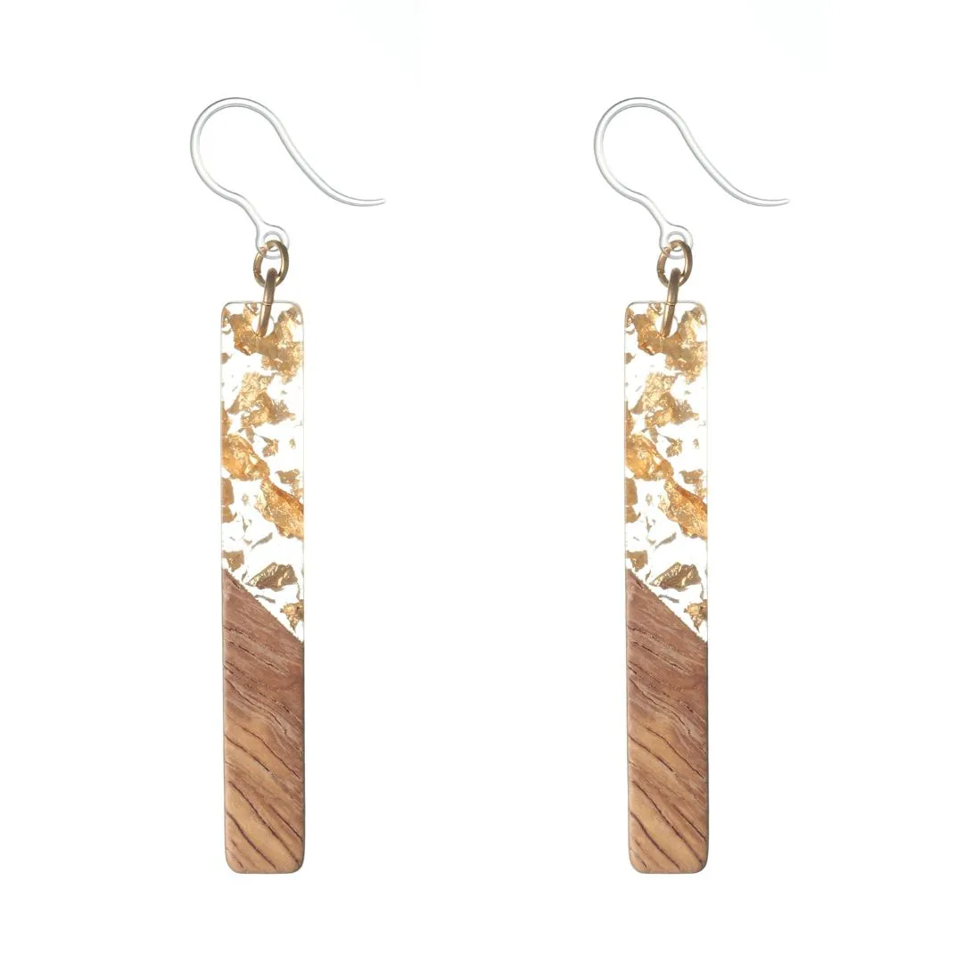 Rectangular Wooden Fleck Celluloid Dangles Hypoallergenic Earrings for Sensitive Ears Made with Plastic Posts