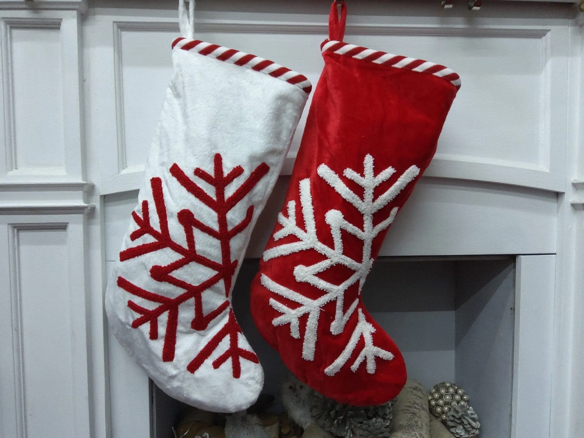 Scandinavian Large 23" Personalized Christmas Stocking Christmas Snowflake Modern Minimalist Red White Candy Cane Stripes